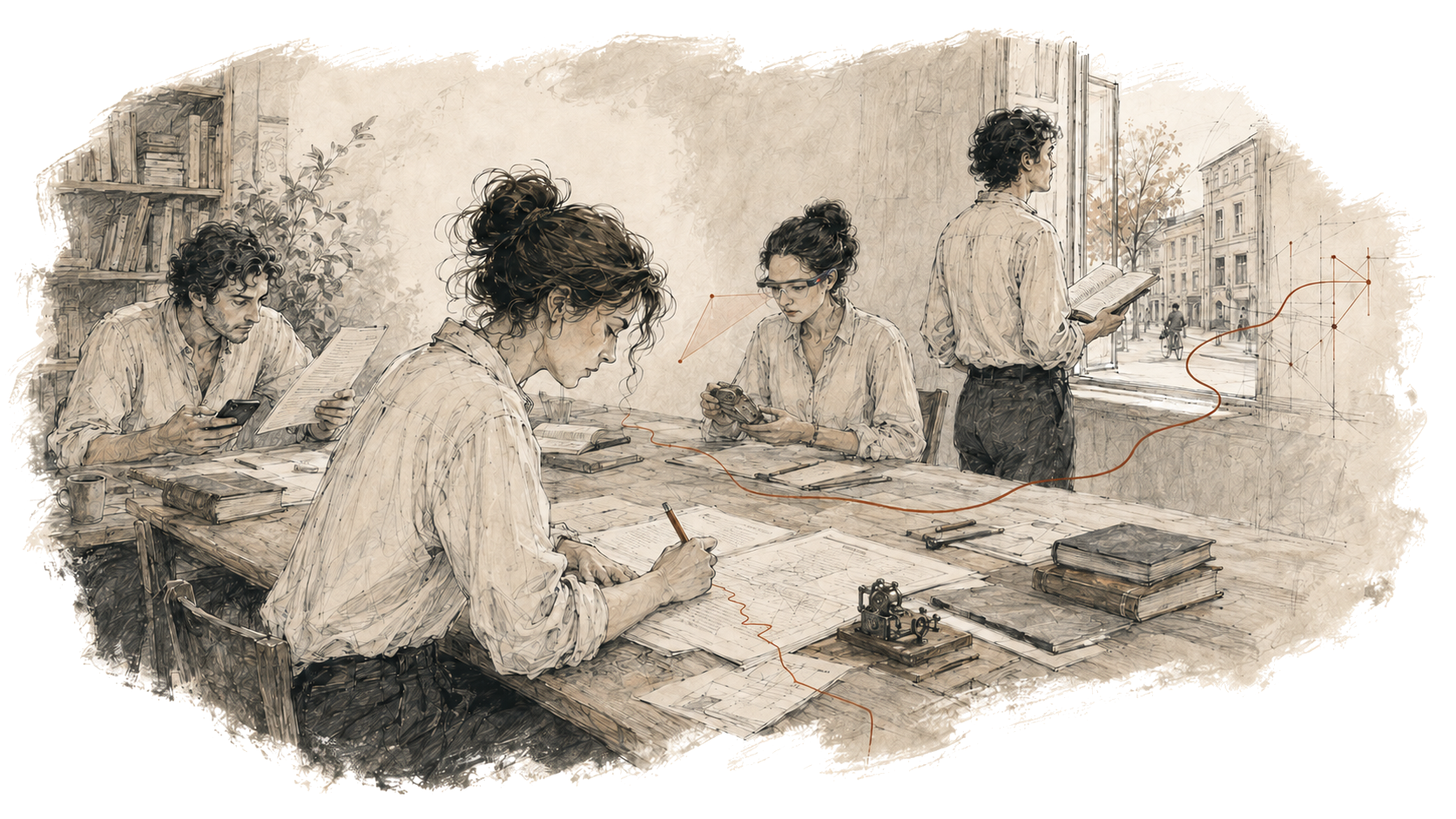 A sepia-toned sketch and charcoal illustration of four scholars working at a long wooden table in a classical study, with a thin red line weaving through the scene and extending into a geometric network of nodes near a window, framed by a torn-paper edge.