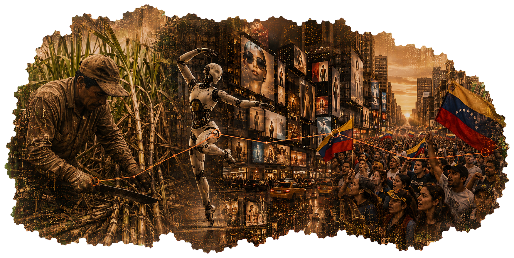 A transparent composite of rural labour, a humanoid robot, and Venezuelan protest scenes — a sugarcane harvester on the left, a sleek humanoid robot striking a dance-like pose amid a neon-lit futuristic city in the centre, and a crowd waving the Venezuelan flag on the right, linked by a glowing orange filament.